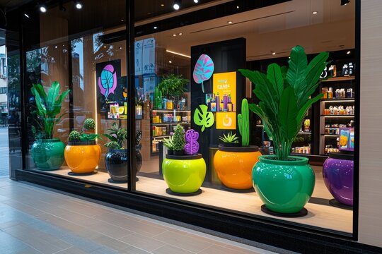 A vibrant storefront window display, showcasing new products with colorful signage and stylish decor