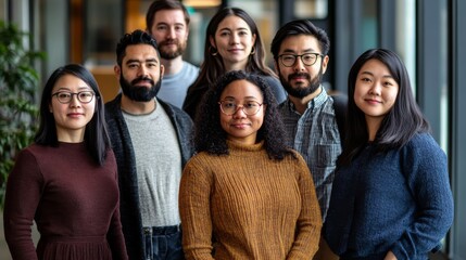 A diverse group of seven people smiles for a photo, showcasing camaraderie and teamwork in a modern indoor setting.