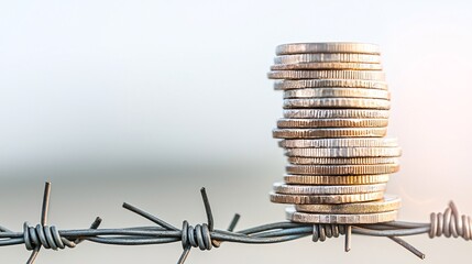 A stack of coins trapped behind a barbed wire fence, representing restricted trade, financial blockade, economic sanctions