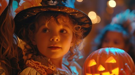 happy Halloween. children with jack o lantern make up in costume at trick or treat Halloween celebration party.