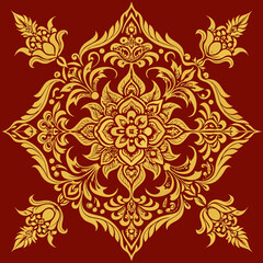 A repeating pattern inspired by Northern Thai Lanna art, featuring intricate floral motifs and swirling lines in gold on a deep red background.