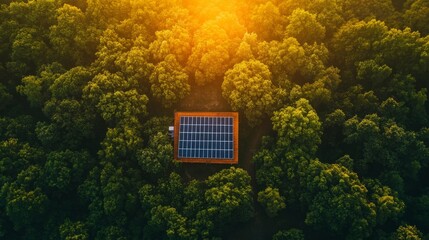  Aerial view of solar panels on a rooftop surround by forest