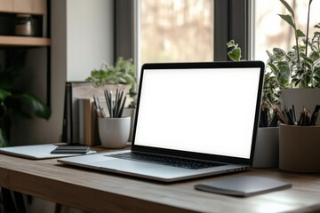 Modern office desk workspace with laptop computer blank screen mockup