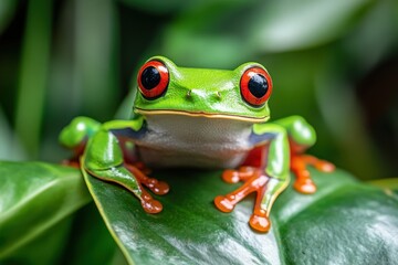 Fototapeta premium Red-eyed tree frog on green leaves, Close up shot