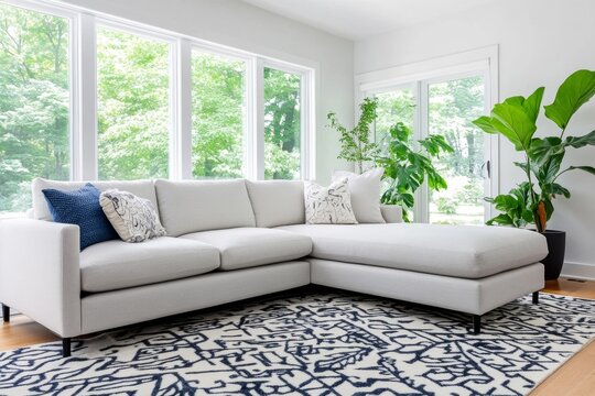 A bright living room with a large sectional sofa, a patterned rug, and indoor plants adding a fresh feel