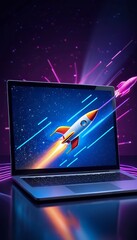 neon rocket concept laptop out background lights illustration startup popping screen  laptop rocket startup starter work communication spaceship social contraption cyberspace web online background