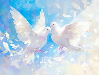 Fototapeta premium An artistic illustration features two white doves amidst a light blue background, surrounded by musical notes and soft feathers, symbolizing peace for culture & religion.