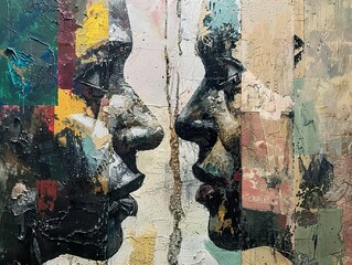 Fototapeta premium Abstract Collage Portrait of Two Faces: Connection and Emotion