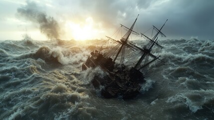 Fototapeta premium Shipwreck in Stormy Sea Dramatic Ocean Scene