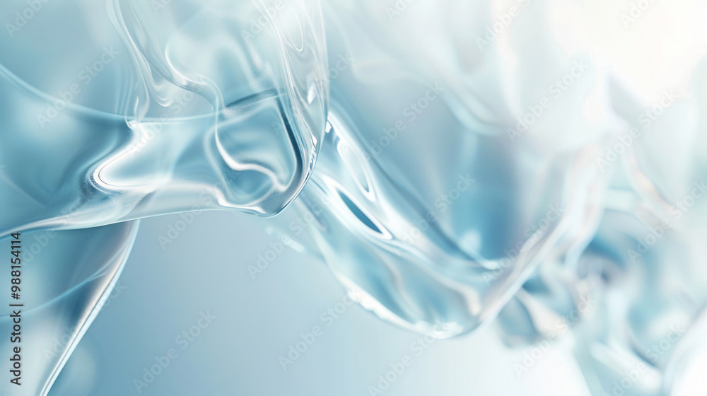 Poster a close-up image features translucent, flowing material in shades of light blue, creating a smooth a
