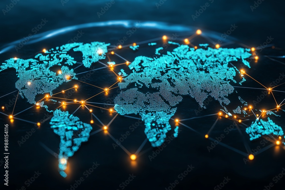 Poster A graphic of a global network, with interconnected nodes and data points, symbolizing worldwide digital communication