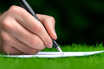 A close-up of a hand holding a pen, writing a letter on paper, symbolizing traditional communication