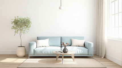 A bright and airy living room showcases a light blue couch, decorative plants, and a round coffee table, creating a serene and modern interior for lifestyle.