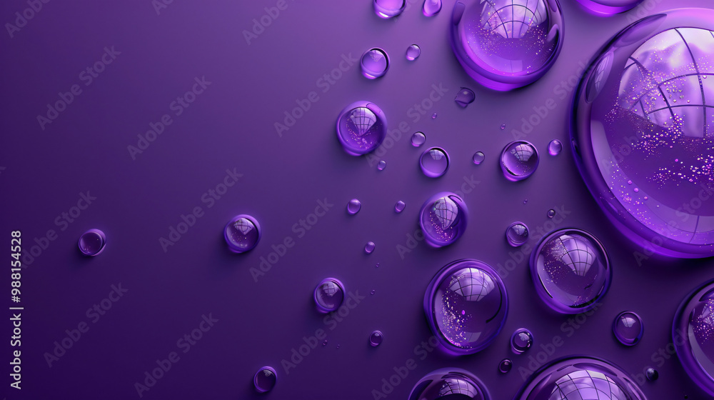Poster a collection of purple droplets sits on a smooth surface, reflecting light and creating an abstract 