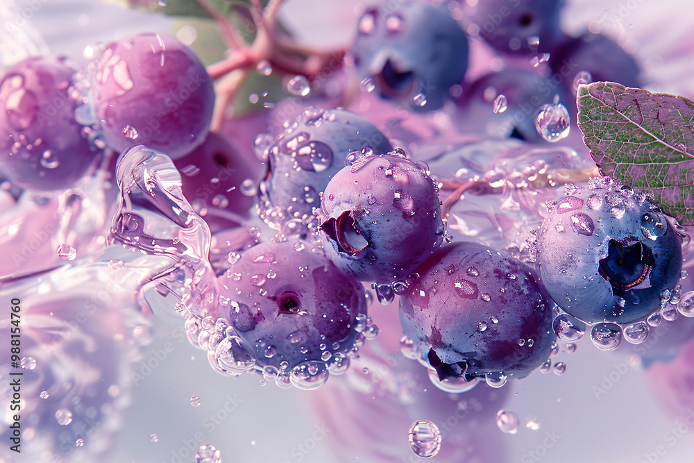 Poster a close-up of blueberries submerged in water creates a dynamic and refreshing visual with bubbles an