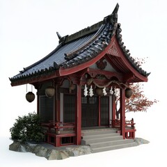 3D Render of a Japanese temple with intricate roof tiles and hanging lanterns, on isolated white background