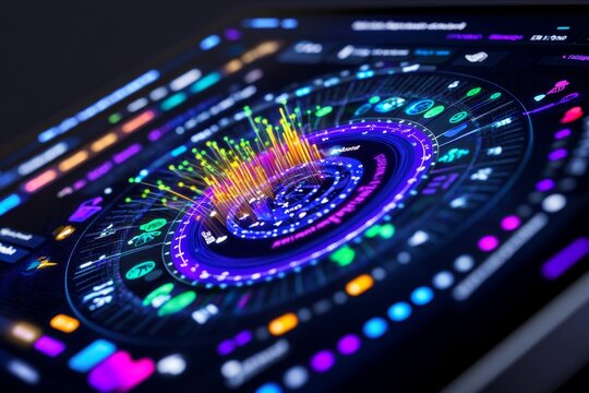 A close-up of a real-time campaign analytics dashboard, showing social media reach, traffic, and conversions in a vibrant format