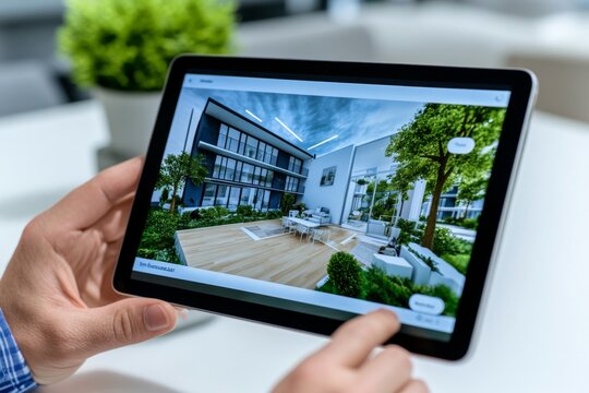 A close-up of a real estate agent&acirc;&euro;&trade;s tablet, showing a digital property listing with floor plans and virtual tours
