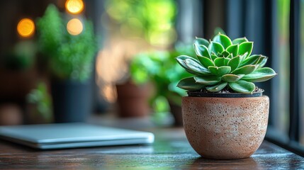 Green Succulent Plant in a Pot on Wooden Table with Blurred Background