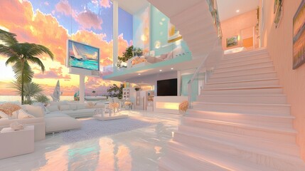 Fototapeta premium Modern Beach House Interior with Ocean View and Wooden Stairs