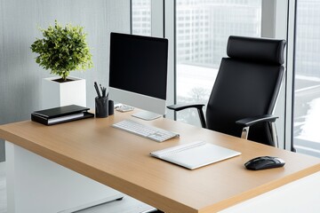 Naklejka premium A clutter-free office desk with only essential items, creating an environment for productive and efficient work
