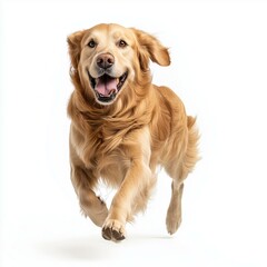 Fototapeta premium A joyful golden retriever running energetically, showcasing its playful spirit and friendly demeanor against a clean white background.