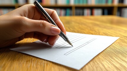 Hand Signing a Document with a Pen on Wooden Desk