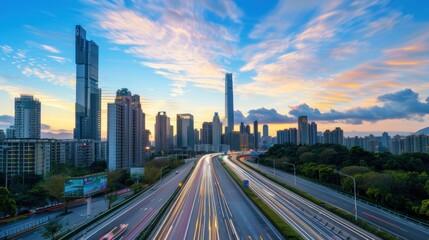 Fototapeta premium Cityscape with Skyscrapers and Traffic Lights Trails at Sunset