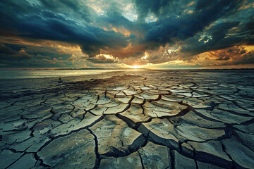 Dramatic image of a cracked earth landscape under a stormy sky, capturing the essence of drought and environmental change for social issues and awareness.