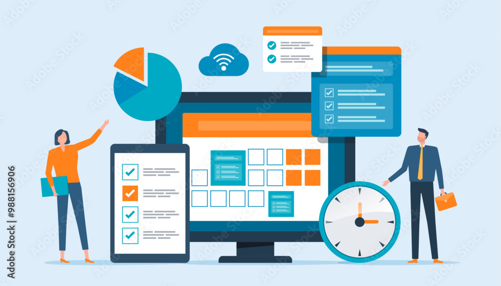 Poster flat vector illustration design business planning concept and business people team working with digi