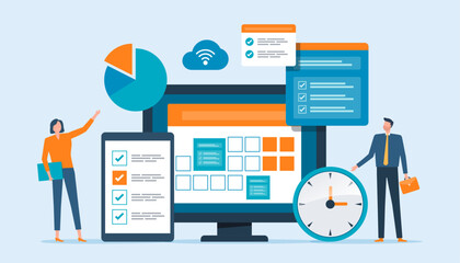Flat vector illustration design Business planning concept and Business people team working with digital calendar online.  © apinan