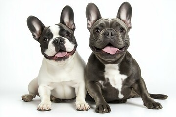 Two adorable French Bulldog puppies sitting side by side, showcasing their playful expressions and unique coat patterns.
