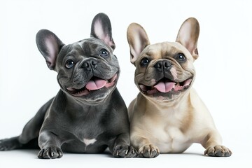 Fototapeta premium Two adorable French Bulldogs with happy expressions, posing together on a white background. Perfect for animal lovers and pet enthusiasts.