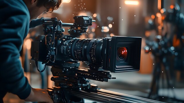 A close-up shot of a professional video camera with a large lens focused on the subject, being held by a cinematographer on a dolly track.