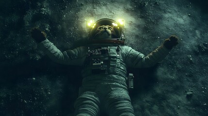 Fototapeta premium A cat wearing an astronaut suit lies on a dark and rocky surface, looking up with bright lights on its helmet.