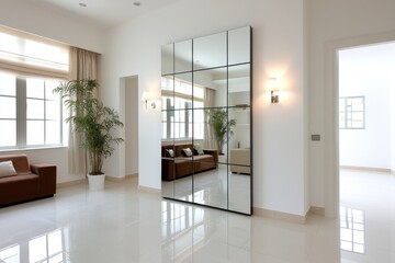 A large, modern mirror on a living room wall, reflecting the natural light from the windows