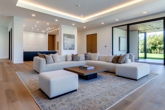 A living room with a large area rug, soft lighting, and comfortable seating arranged around a coffee table
