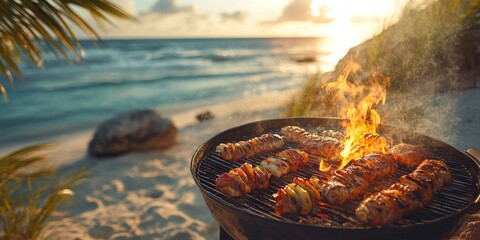 Beach Barbecue Gathering, savory grilled dishes, ocean breeze, relaxed atmosphere, vibrant colors, inviting seaside setting