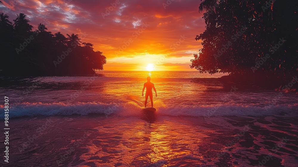 Poster Silhouette Surfer at Sunset with Palm Trees