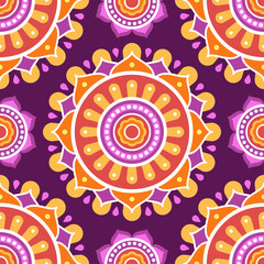 Seamless pattern. Red and orange symmetrical ethnic mandala on dark purple background. Oriental pattern, vector illustration. Indian or Arabic mandala. Diwali festival. Fabric, wrapping paper.
