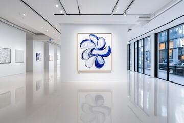 A minimalist art gallery with clean white walls, showcasing one large abstract painting in the center of the room