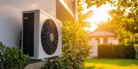 An outdoor air conditioning unit mounted on the side of a house, surrounded by lush greenery and illuminated by soft sunlight.