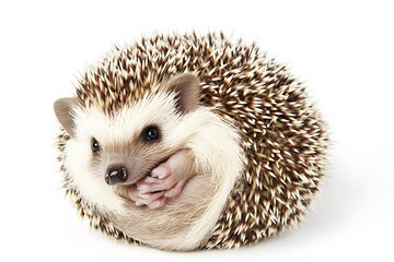 Obraz premium A small hedgehog curls up in a ball, showing its sharp quills and soft fur.