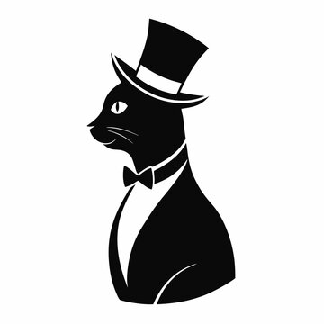 recommend clip art: black cat on white. A minimalist silhouette of a cat sitting upright, tipping a top hat with its paw. The cat is wearing a collar and positioned in profile. The design is formal and elegant, 