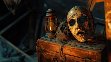Ghostly Mask and Vintage Lantern in Abandoned Interior