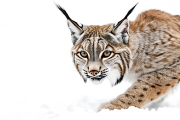 Obraz premium Close-up of a lynx with black ear tufts looking directly at the camera, in a snowy environment.