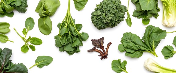 Assortment of Fresh Green Leafy Vegetables on White Background