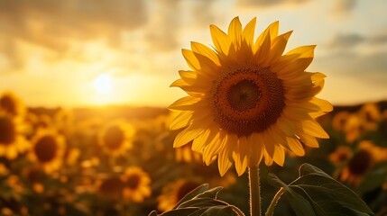 Obraz premium A radiant sunflower field glowing under the soft glow of a sunset, creating a peaceful, golden atmosphere