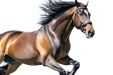 Bay horse with a black mane and tail runs with his head held high, isolated on a white background.