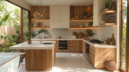 Fototapeta premium Modern kitchen interior design with wooden cabinets white marble countertop and island and natural light